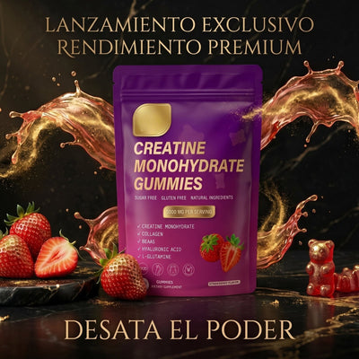 Bolsa de gominolas de creatina con fresas sobre mármol negro