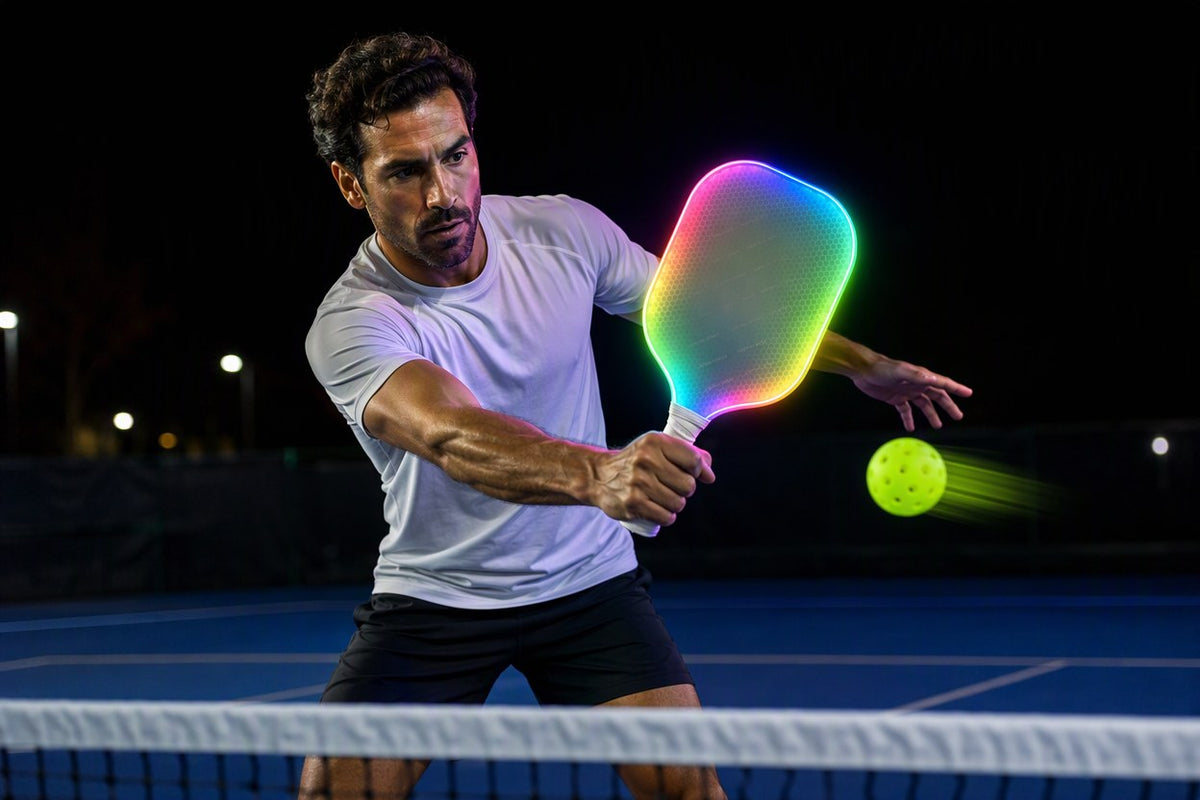 Jugador de pickleball golpeando de noche con la pala ACE encendida y la bola en el aire