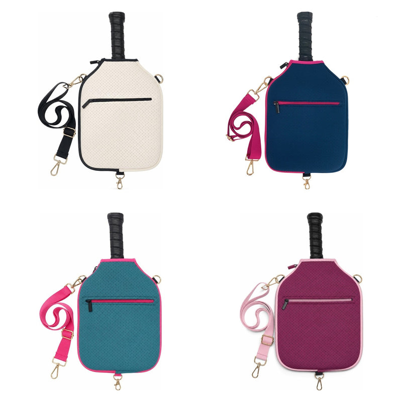 The eight models: crossbody in cream, navy blue, teal and burgundy; zip cover in orange, gray, fuchsia and black.