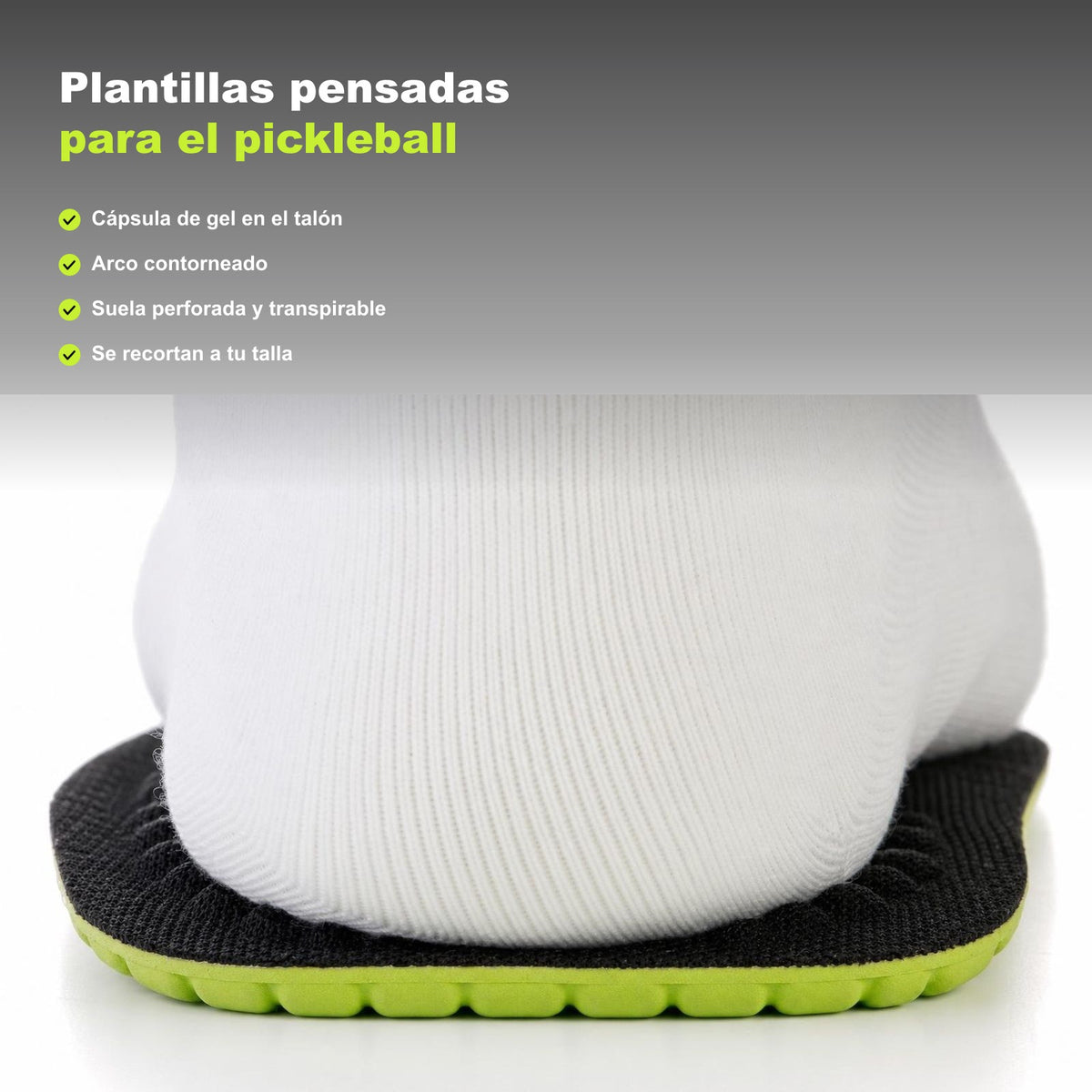 Plantillas STRIDE vistas por detrás bajo el talón: cara negra con relieve y canto lima