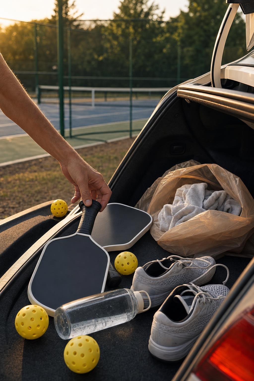 Messy car trunk with pickleball paddles, balls and a bottle all loose
