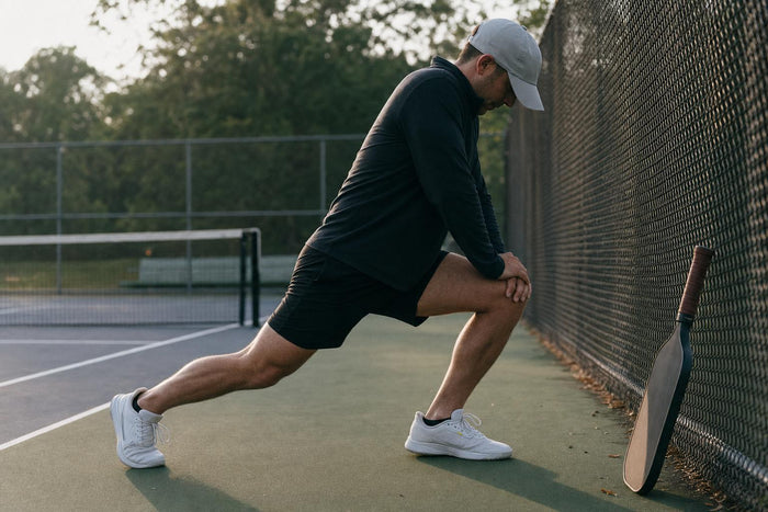 Jugador haciendo movilidad de tobillo como calentamiento junto a una pista de pickleball