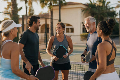 Group of adult players with paddles before an open pickleball session
