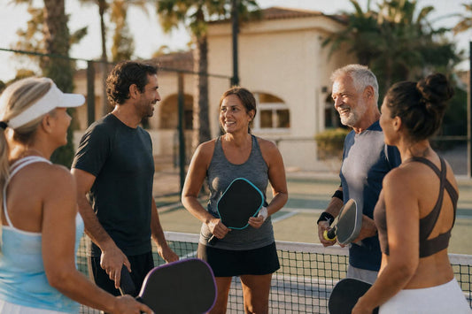 Grupo de jugadores adultos con palas antes de una sesión abierta de pickleball en España