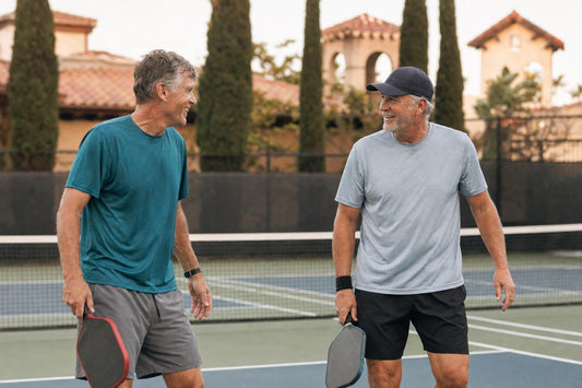 Dos jugadores mayores de 50 años jugando dobles de pickleball en una pista al aire libre