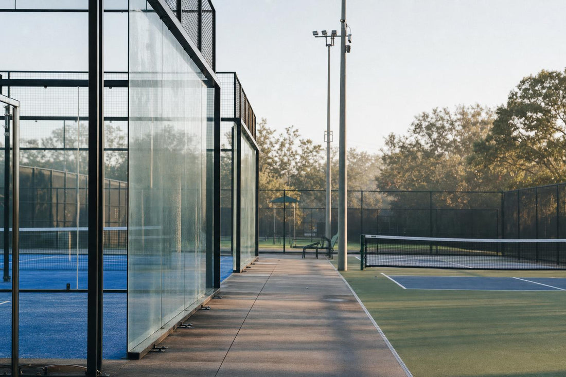 Pista de pádel acristalada junto a una pista abierta de pickleball en el mismo club