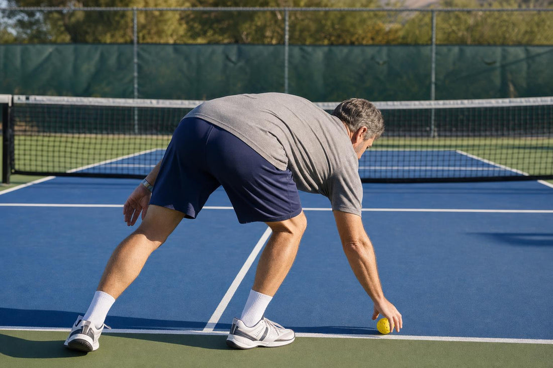 Jugador de pickleball doblado por la cintura recogiendo una bola durante un partido