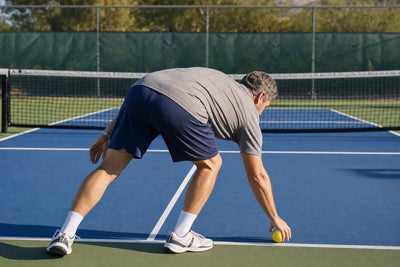 Pickleball player bent at the waist picking up a ball during a match