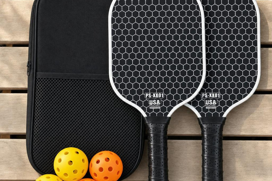 Bolsa abierta con dos palas de pickleball dentro y cuatro bolas al lado