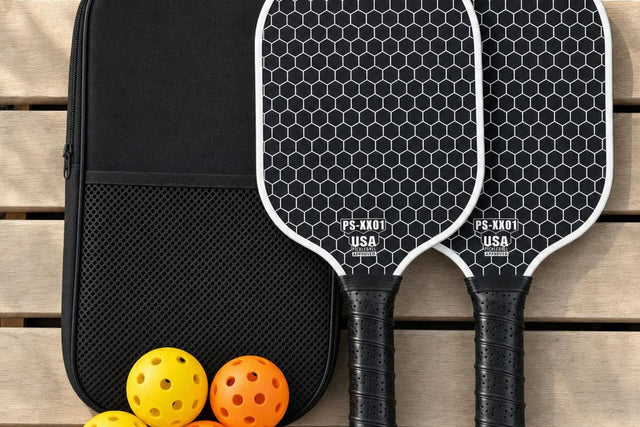 Bolsa abierta con dos palas de pickleball dentro y cuatro bolas al lado