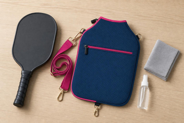 Una pala de pickleball, una funda de neopreno azul marino, un paño y un pulverizador sobre una mesa de madera