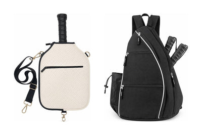 The cream CARRY neoprene cover next to the black RALLY backpack on a white background