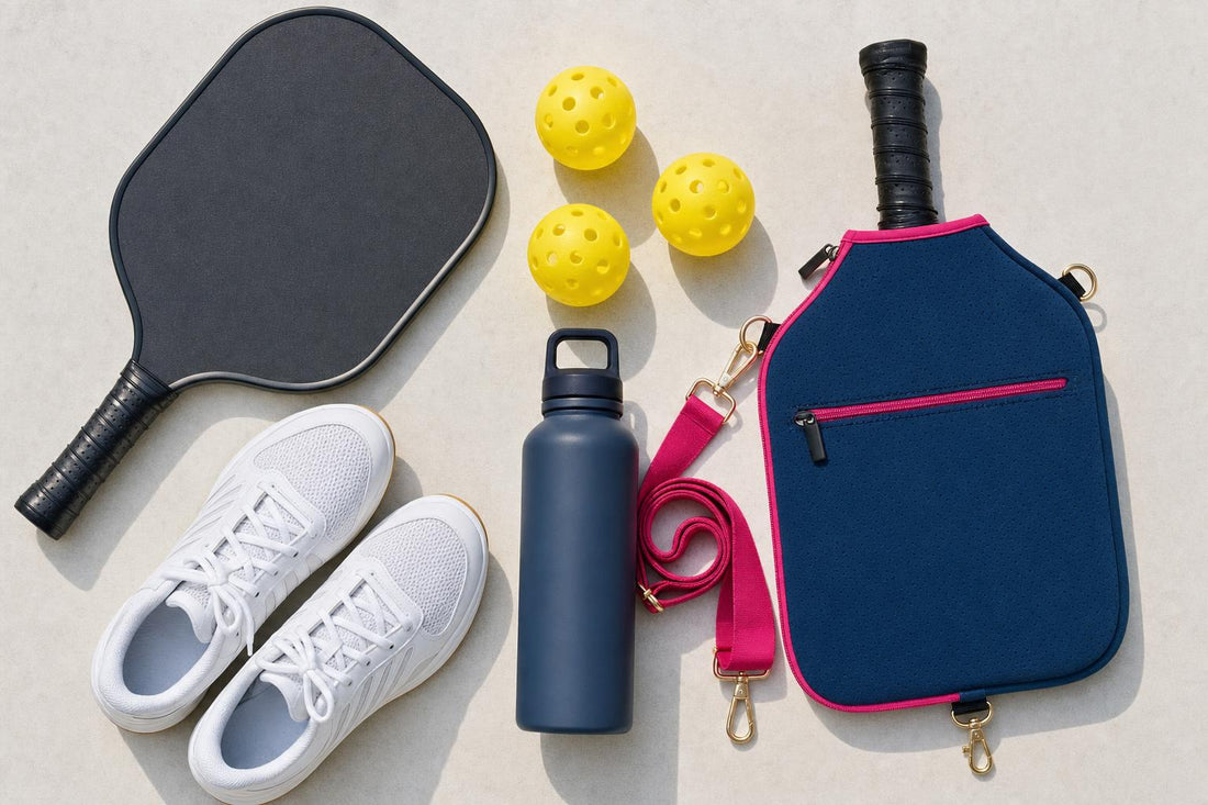 Pala, bolas amarillas, botella de agua, zapatillas blancas y una funda de neopreno azul marino ordenadas sobre una superficie clara
