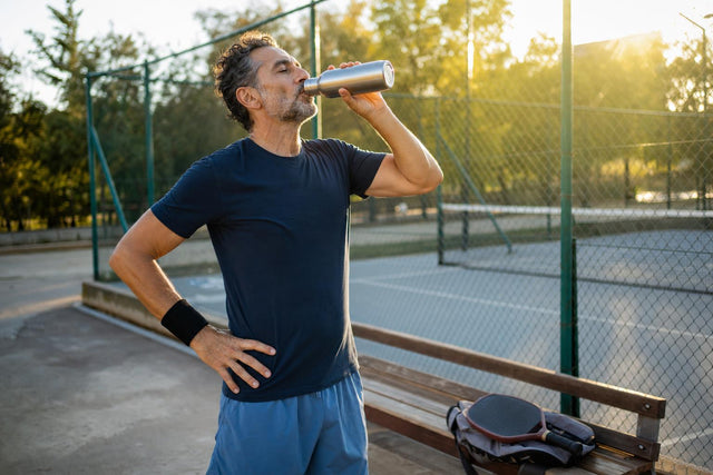 Un jugador estirando con calma en la pista después de un partido, con una botella de agua y la pala sobre un banco