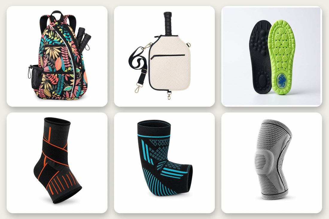 Los productos reales de PASIÓN PICKLEBALL: mochila, funda, plantillas, tobillera, manguito y rodillera