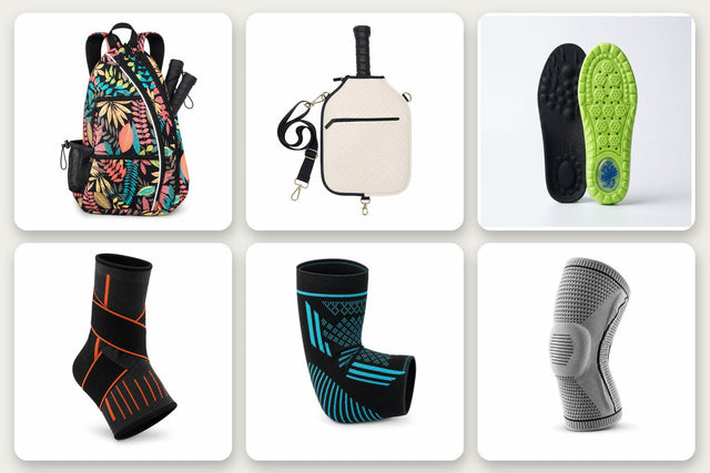 Los productos reales de PASIÓN PICKLEBALL: mochila, funda, plantillas, tobillera, manguito y rodillera