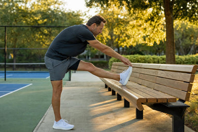 Jugador estirando con el pie apoyado en un banco junto a una pista de pickleball