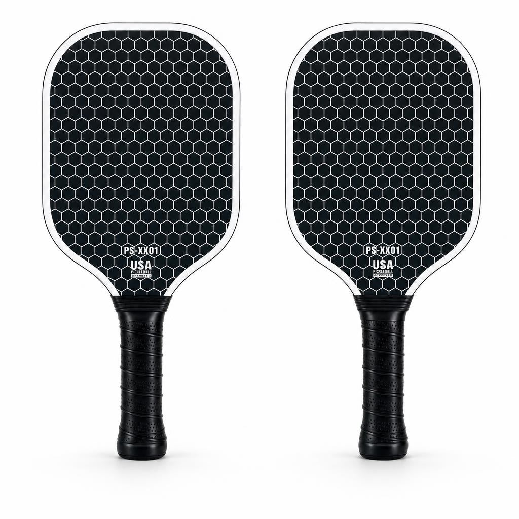 Dos palas de pickleball Honeycomb negras con borde blanco