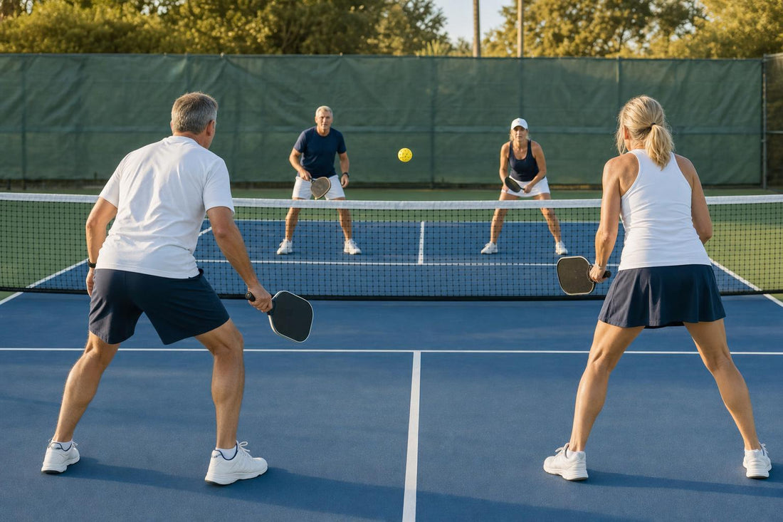 Partido de dobles de pickleball con dos jugadores a cada lado de la red