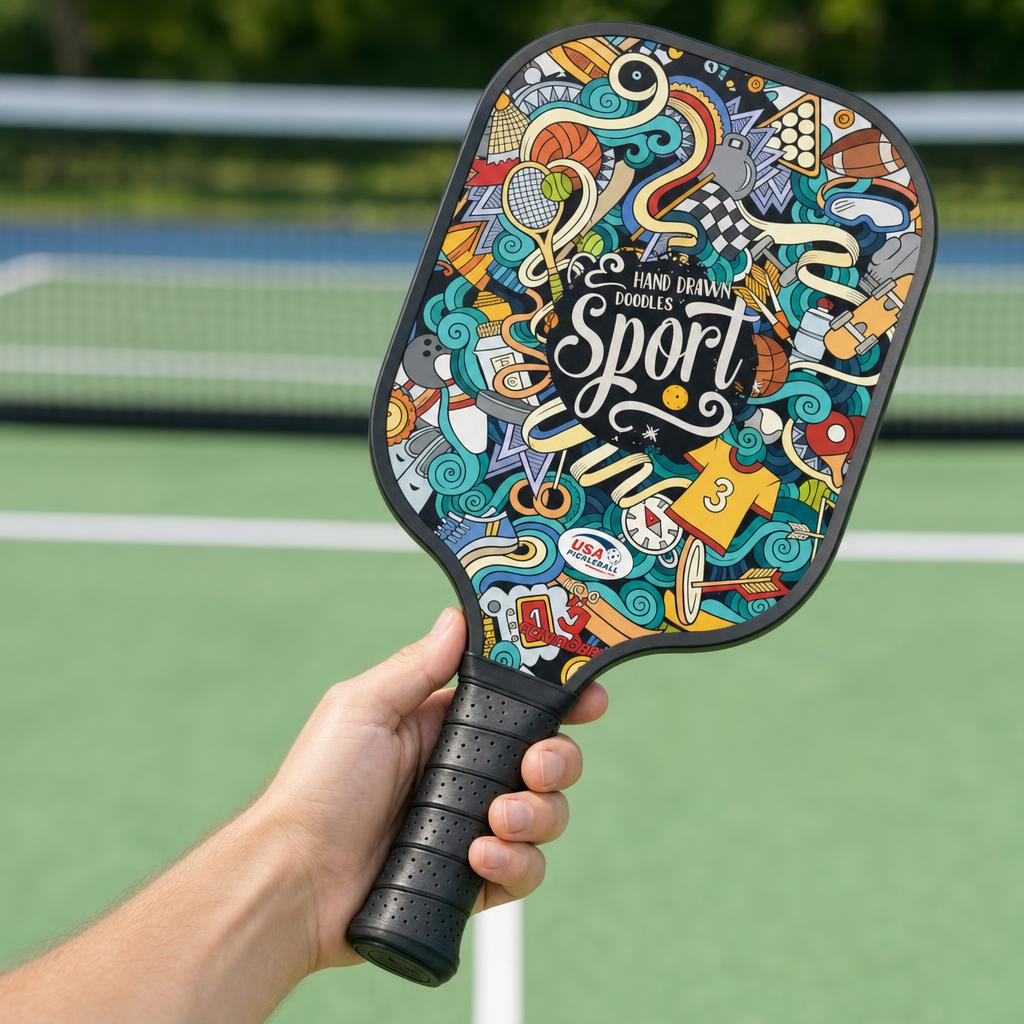 Mano sujetando una pala de pickleball Graffiti en una pista