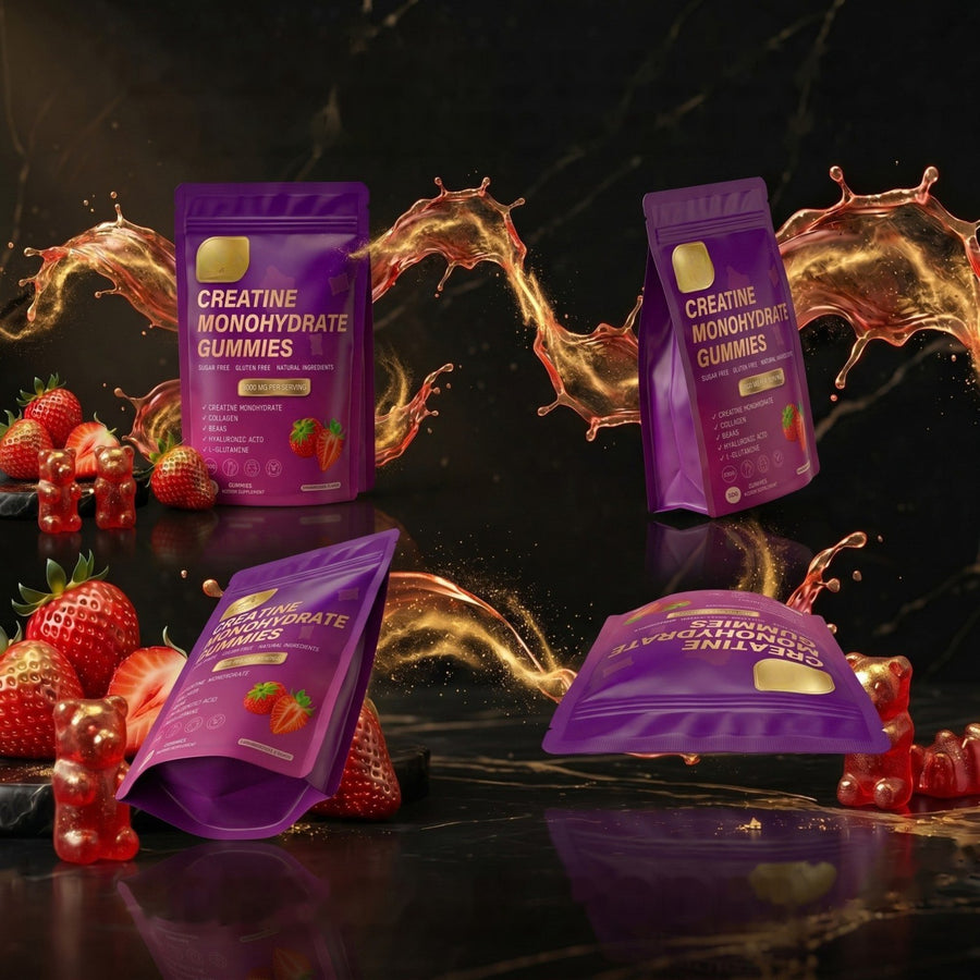Tres bolsas de gominolas de creatina sabor fresa