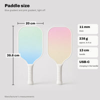 Medidas de la pala ACE: 39,6 cm de largo, 20 cm de ancho, 11 mm de grosor, mango de 13 cm y unos 238 g