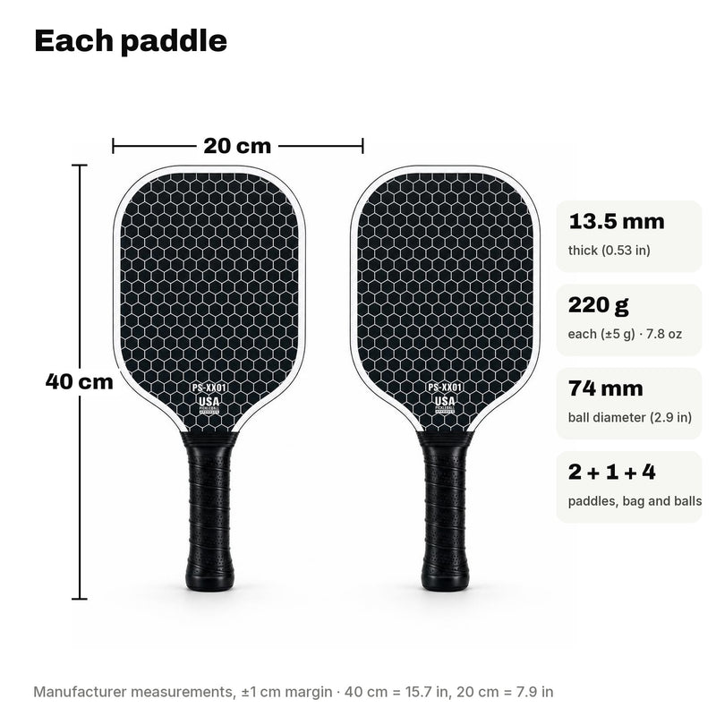 Dimensions of each paddle: 40 × 20 cm (15.7 × 7.9 in) and 13.5 mm thick.
