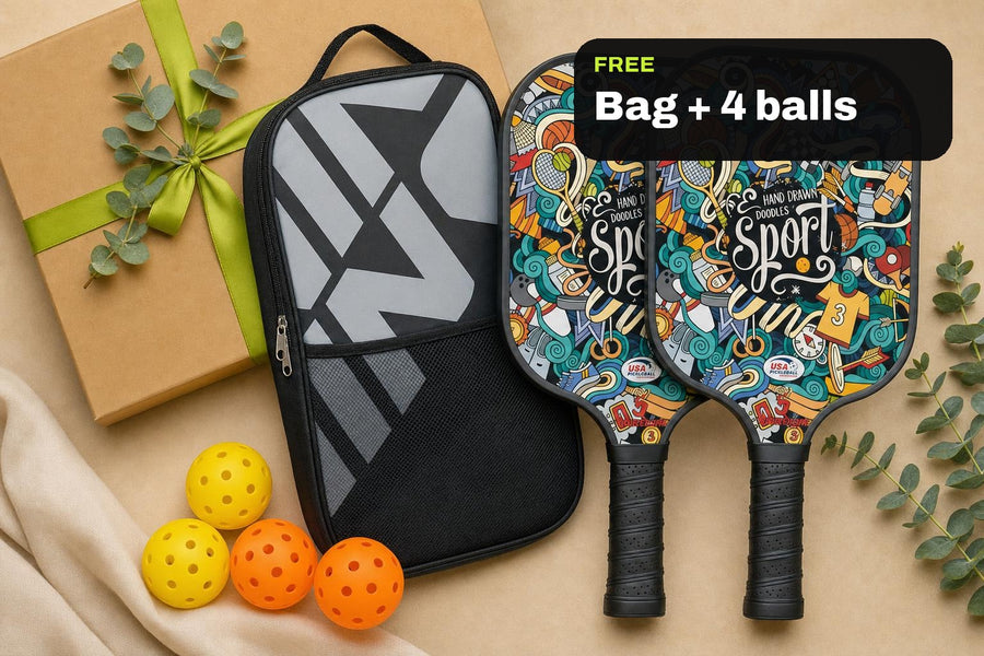 Two ACE paddles with the light off next to the black bag, four balls, the charging cable and a gift box with a lime ribbon
