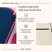 CARRY cover infographic: neoprene waterproof according to the manufacturer, zip pocket and carabiner with adjustable strap