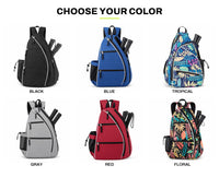 The six colors of the RALLY backpack: black, blue, tropical, gray, red and floral