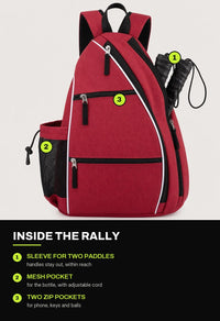 RALLY backpack detail: sleeve for two paddles, mesh bottle pocket and two zip pockets