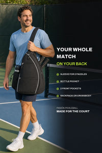 Player arriving at the court with the RALLY backpack slung over one shoulder and the paddles in their sleeve