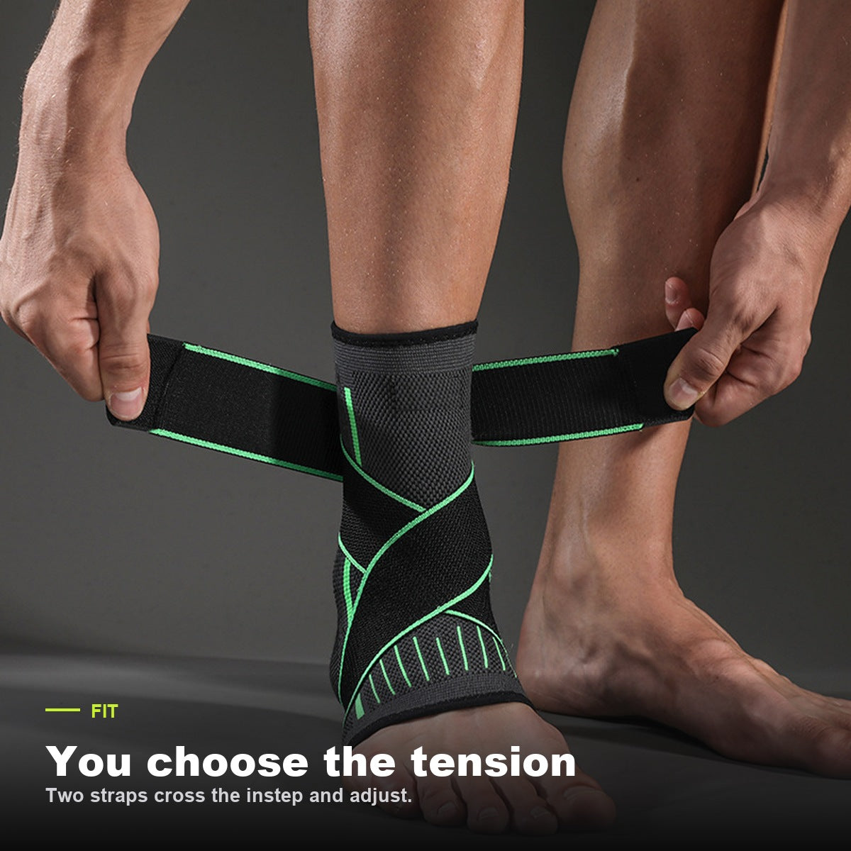 Hands adjusting the two crossed straps of the STABIL ankle support over the instep