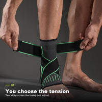 Hands adjusting the two crossed straps of the STABIL ankle support over the instep