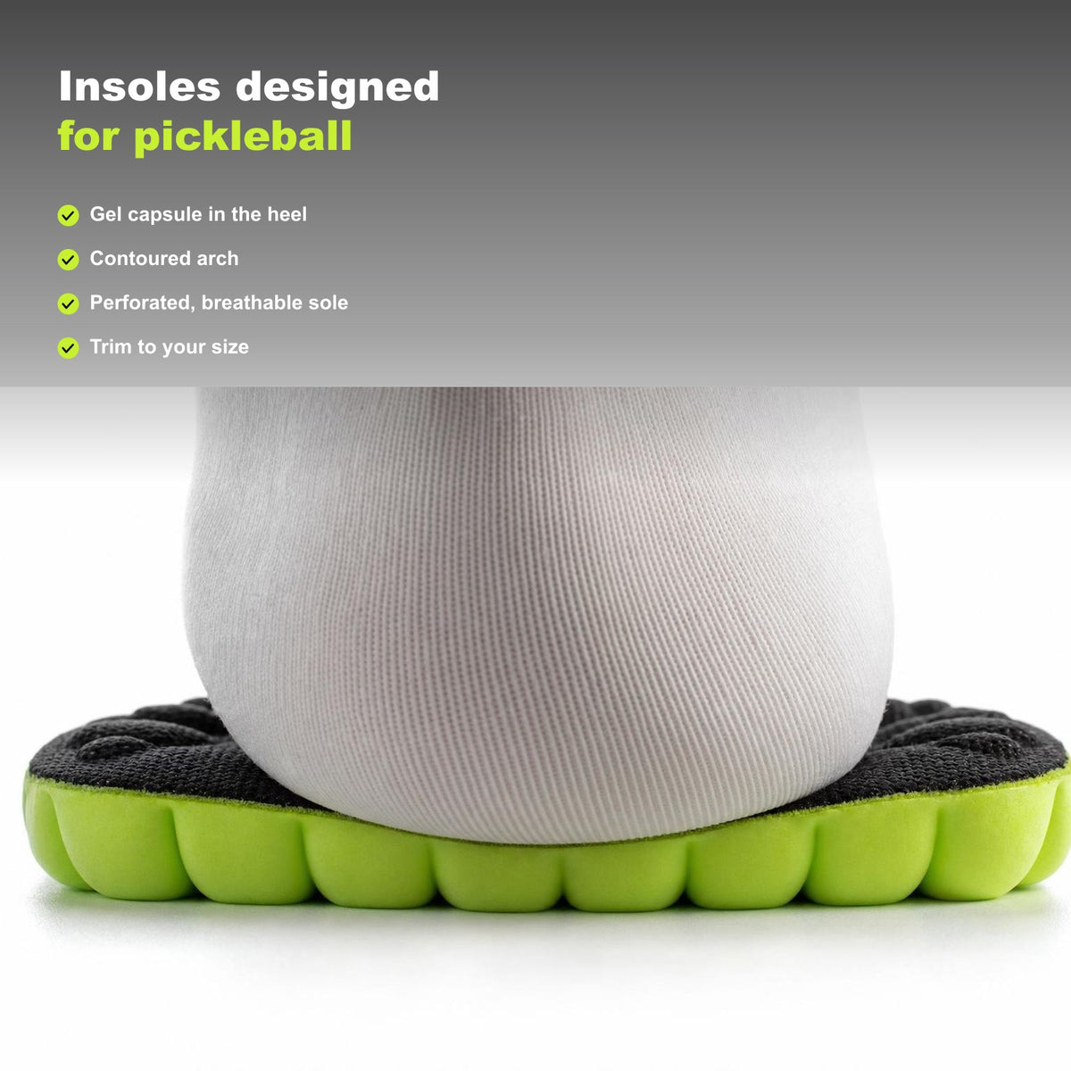 STRIDE insoles seen from behind under the heel: black face with relief and lime edge