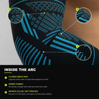 Fabric detail of the ARC elbow sleeve: mesh knit, zones and woven color