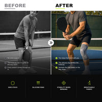 Before and after: the knee without support next to the knee with the FLEX and its side stays