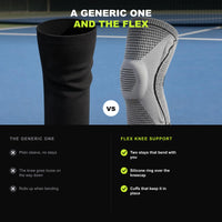 A plain generic knee support without stays next to the FLEX knee support