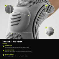 FLEX knee support detail: the side stays, the silicone ring and the zoned fabric