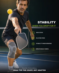 Pickleball player wearing the FLEX knee support, dropping for a drop shot on court