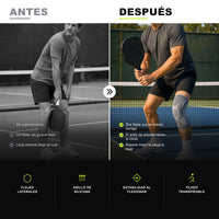 Antes y después: la rodilla sin sujeción frente a la rodilla con la FLEX y sus flejes laterales