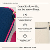 Infografía de la funda CARRY: neopreno impermeable según el fabricante, bolsillo con cremallera y mosquetón con correa regulable