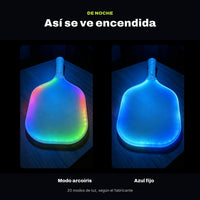 Dos palas ACE encendidas en una habitación a oscuras: una en modo arcoíris y otra en azul fijo