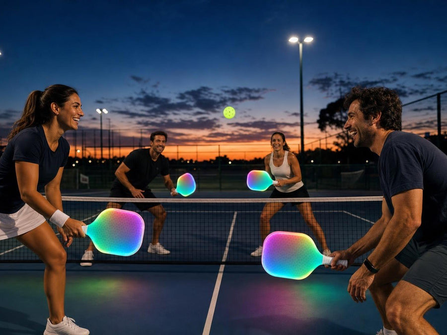 Cuatro amigos jugando un partido de dobles de pickleball al atardecer con las palas ACE encendidas