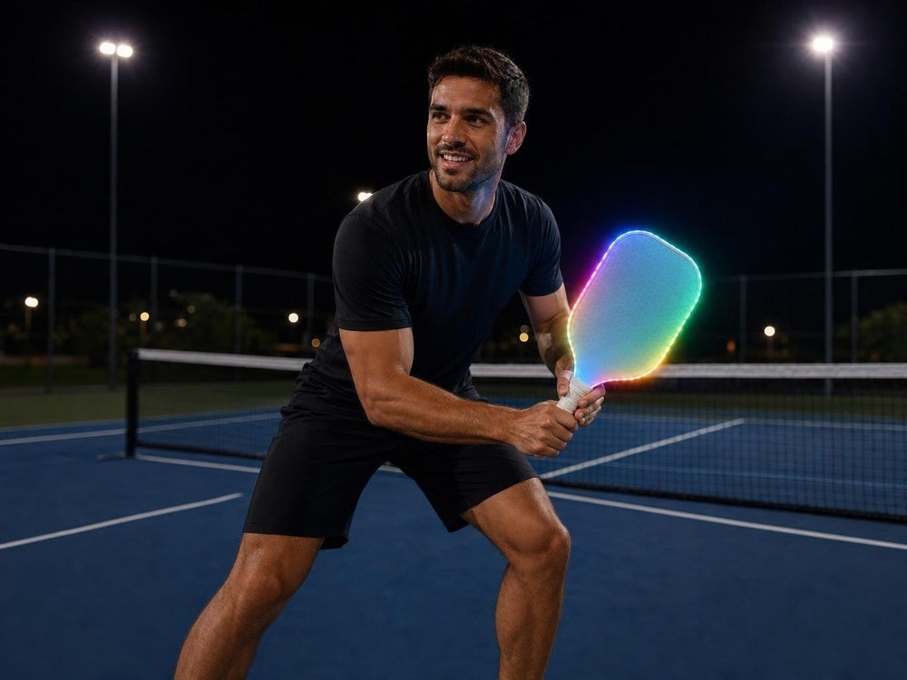 Jugador de pickleball en posición de espera de noche con la pala ACE azul encendida