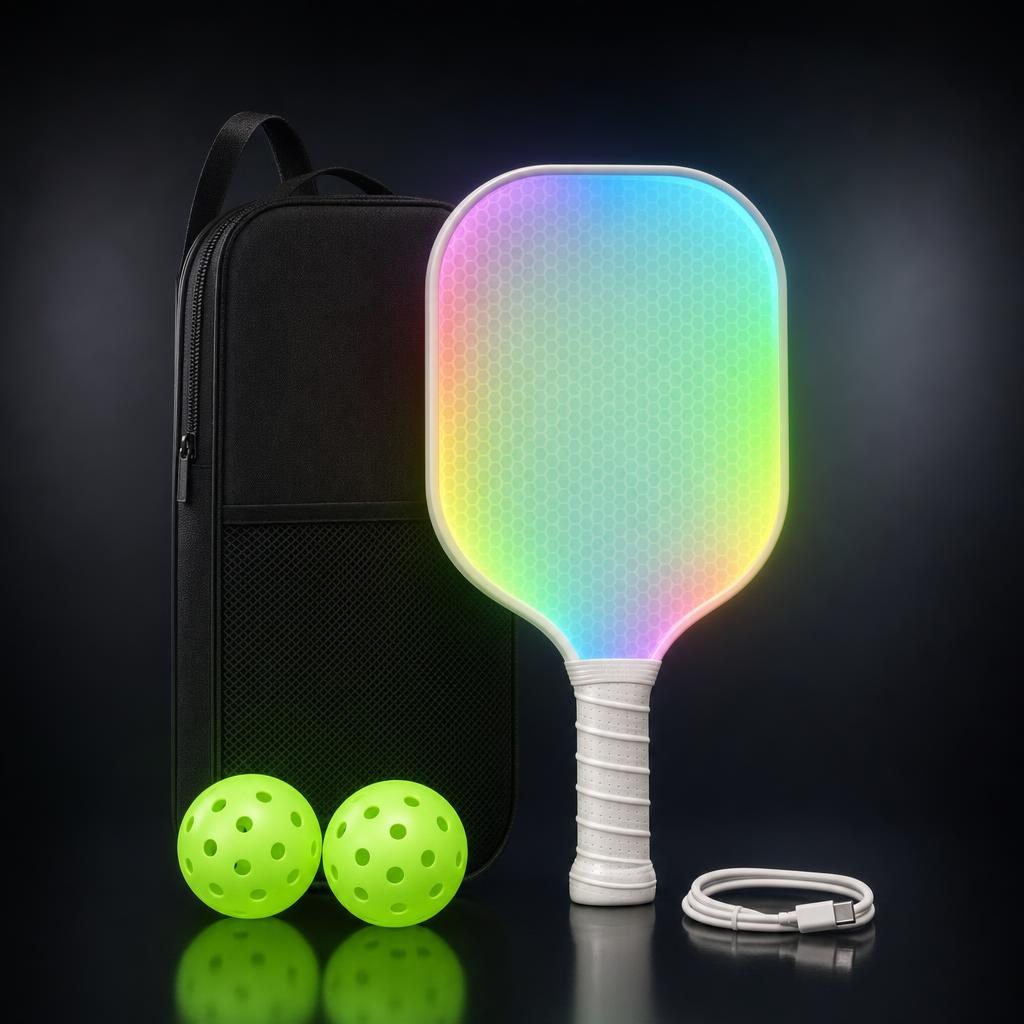 Pala ACE azul encendida con su bolsa, dos bolas y el cable de carga