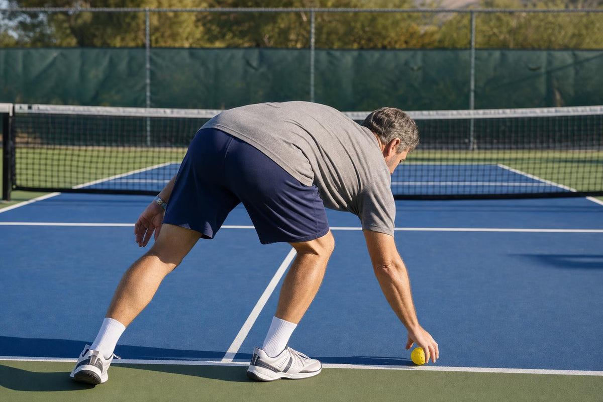 Pickleball player bent over picking up a ball during a match