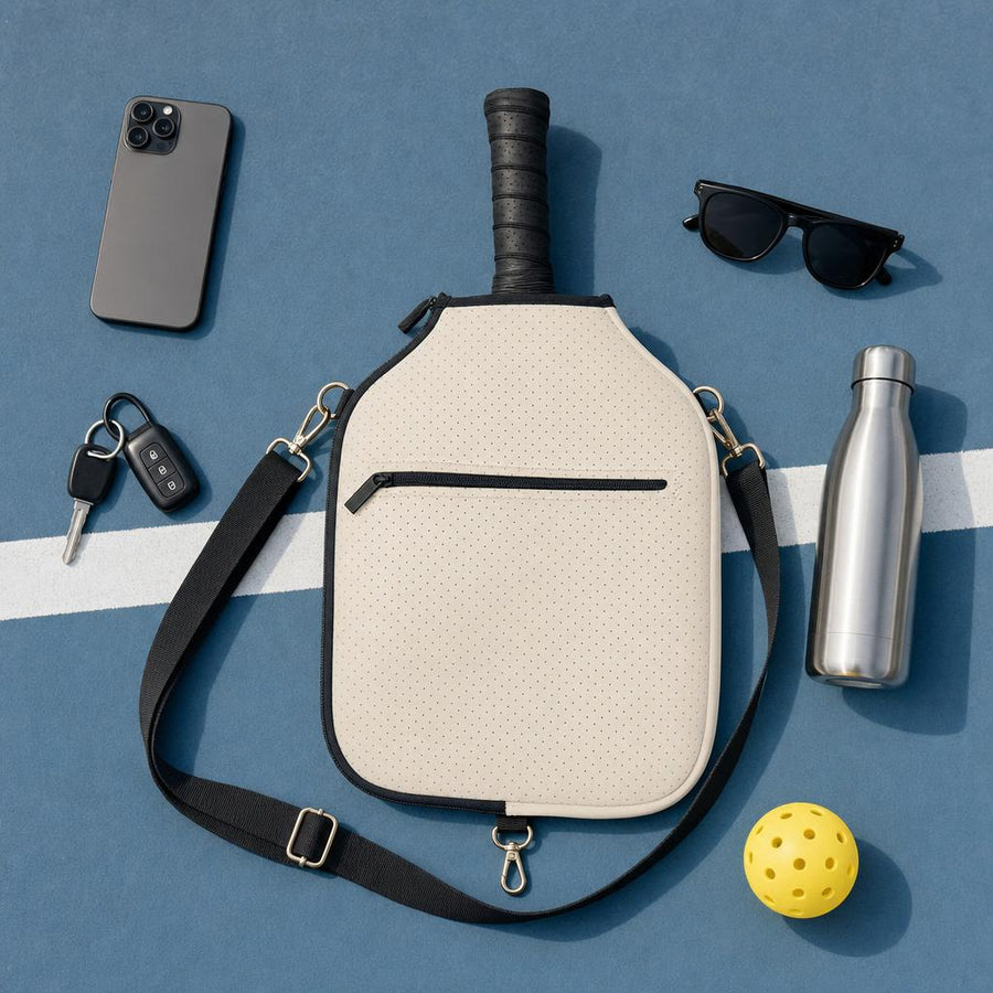 Cream CARRY cover on the court with a paddle inside and around it a phone, keys, sunglasses, a bottle and a ball