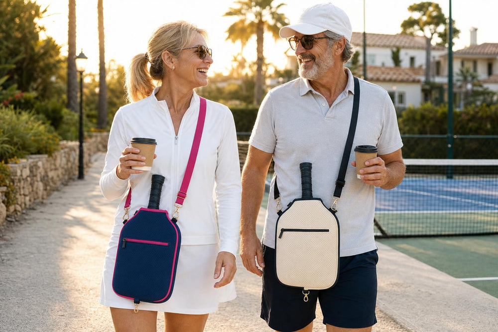 Two pickleball players with CARRY covers worn crossbody on the way to the court, coffee in hand