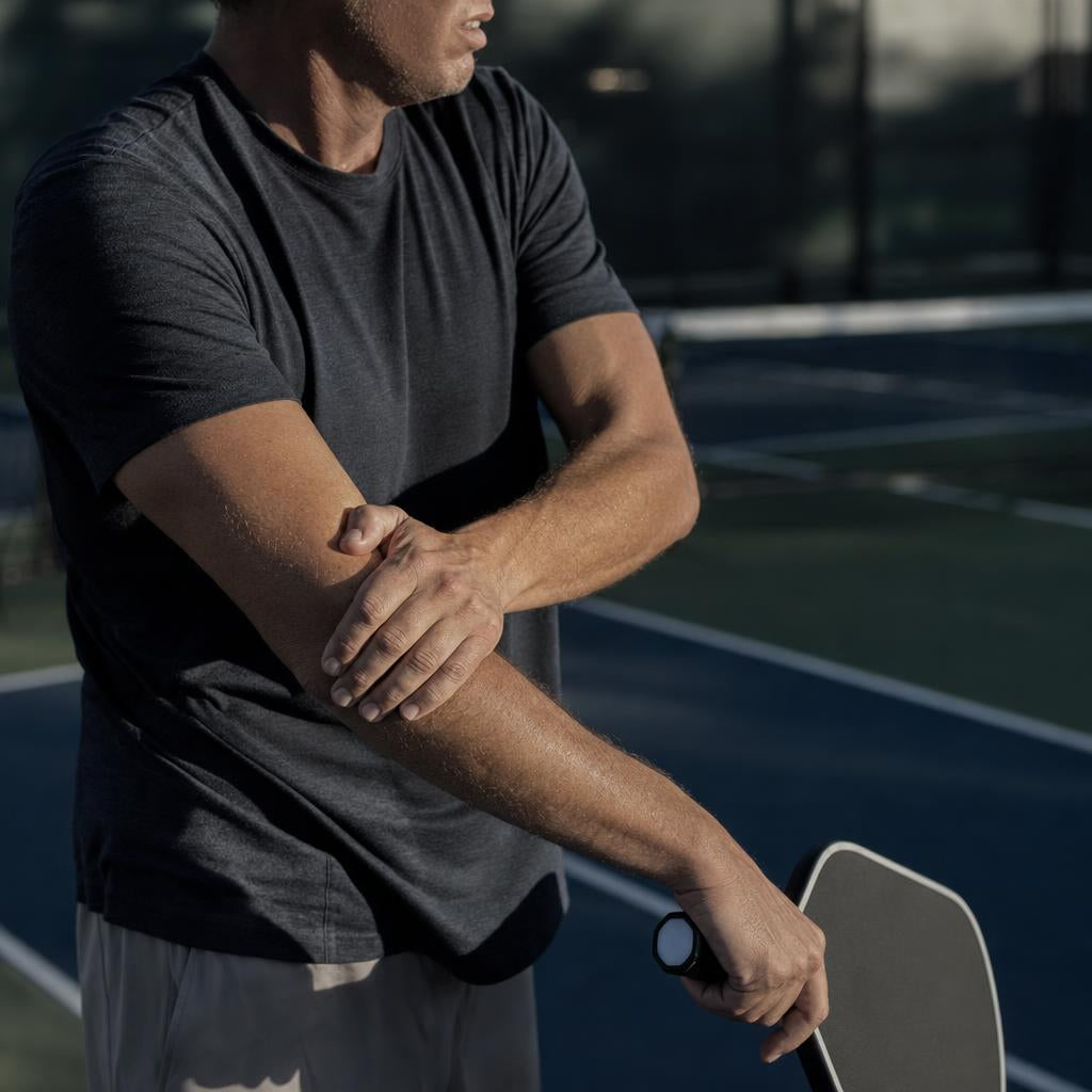 Jugador de pickleball frotándose el codo después de un golpe en pista